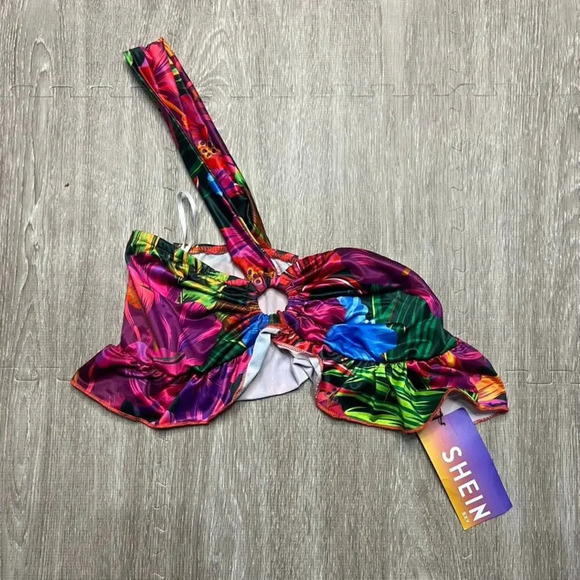 NWT SHEIN Women's Size 6 Multicolor Floral Bikini Top Ruffle Edge Ring Detail - Picture 1 of 3